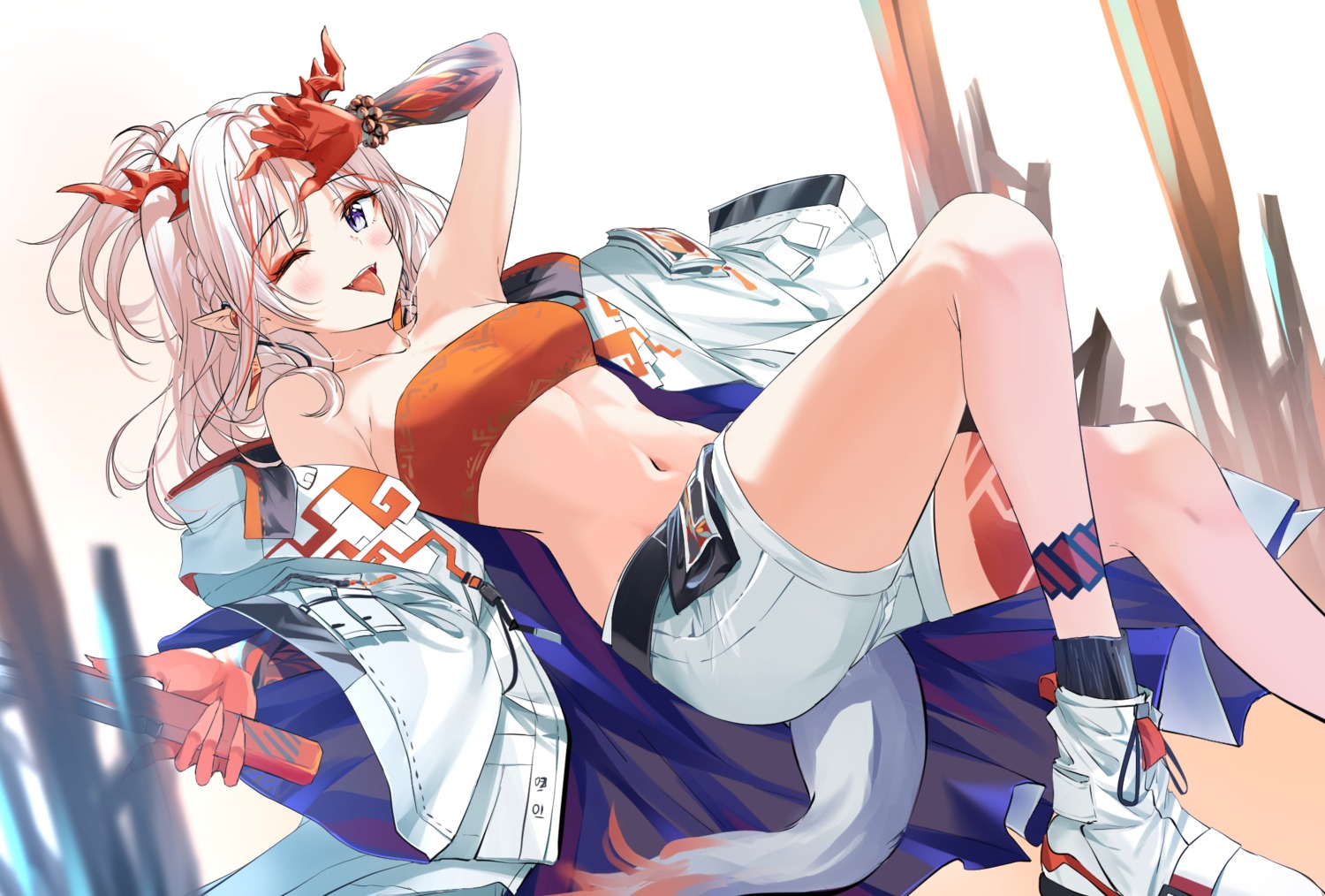 arknights bra cleavage horns nian_(arknights) nonbire open_shirt pointy_ears sword tail tattoo