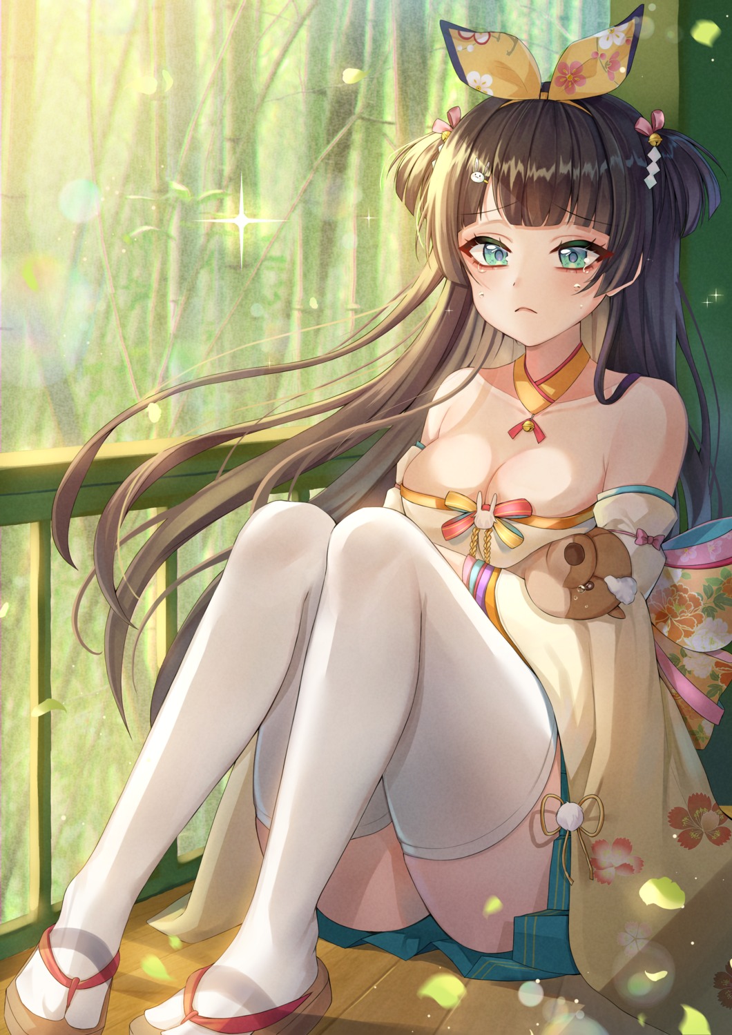 cleavage houchi_shoujo japanese_clothes no_bra ranchan12 skirt_lift thighhighs