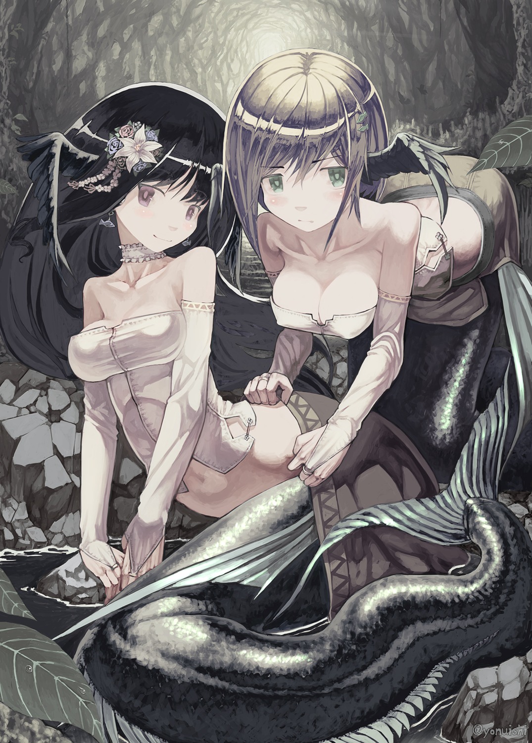 cleavage erect_nipples mermaid monster_girl tail undressing wet yonuishi
