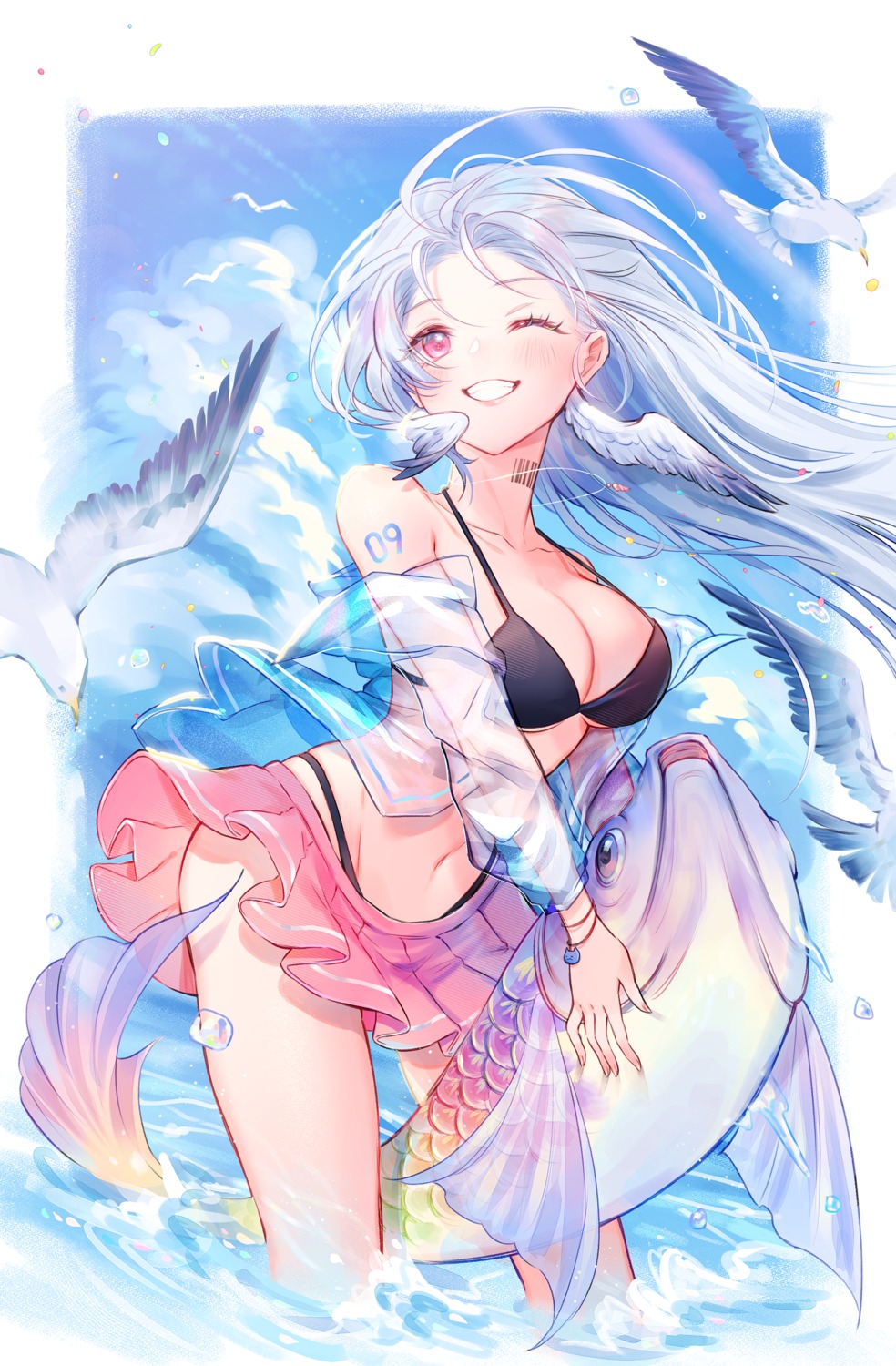 bikini open_shirt pawwao see_through skirt_lift swimsuits tattoo wet wings