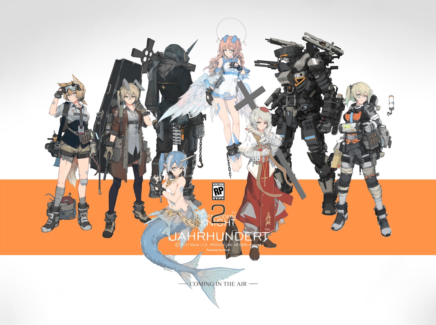 animal_ears bandages bandaid bodysuit breast_hold bunny_ears cleavage gun headphones horns mecha mermaid miv4t monster_girl pointy_ears tail tattoo thighhighs wings