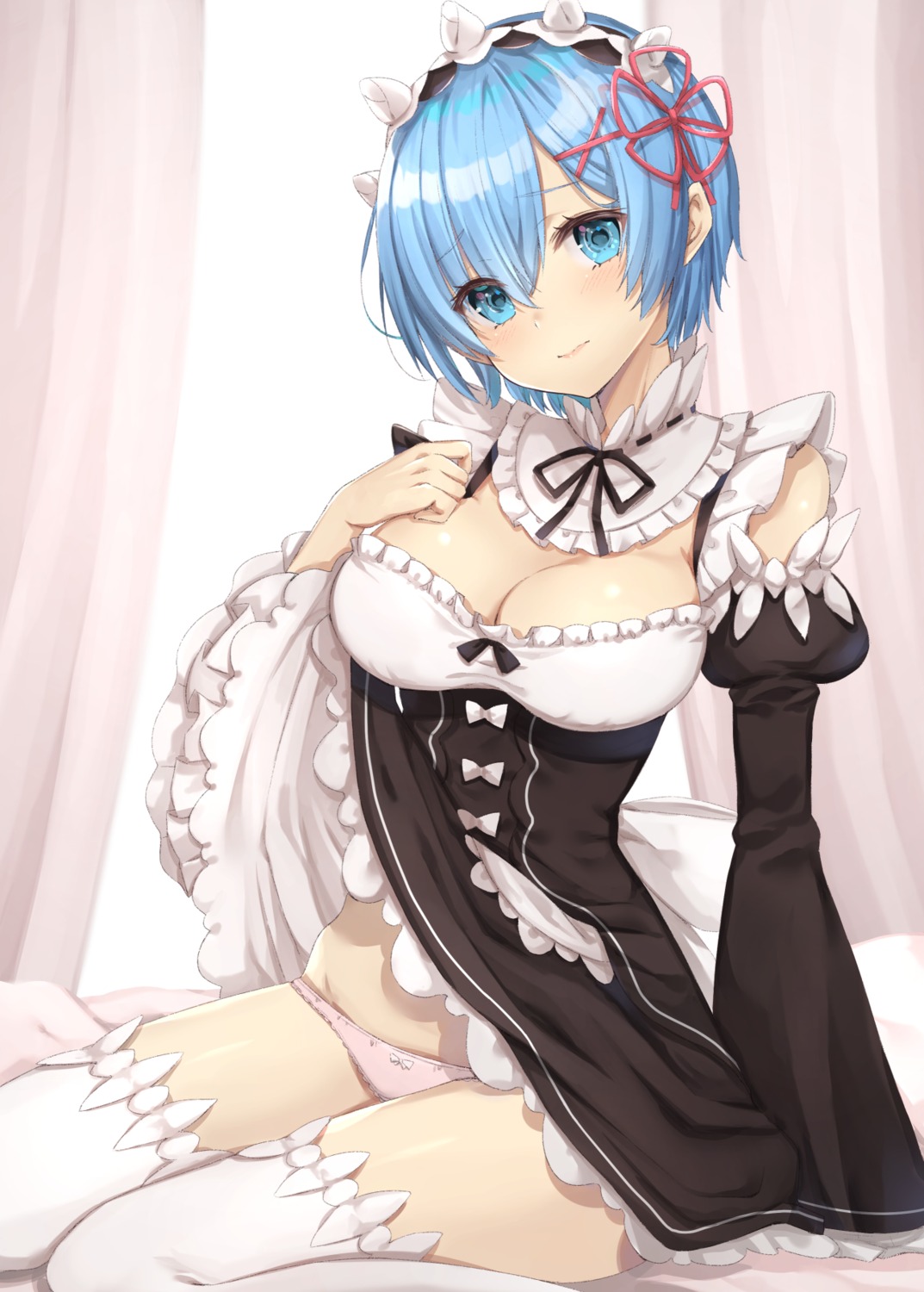 cleavage maid pantsu re_zero_kara_hajimeru_isekai_seikatsu rem_(re_zero) skirt_lift thighhighs yuzu-aki