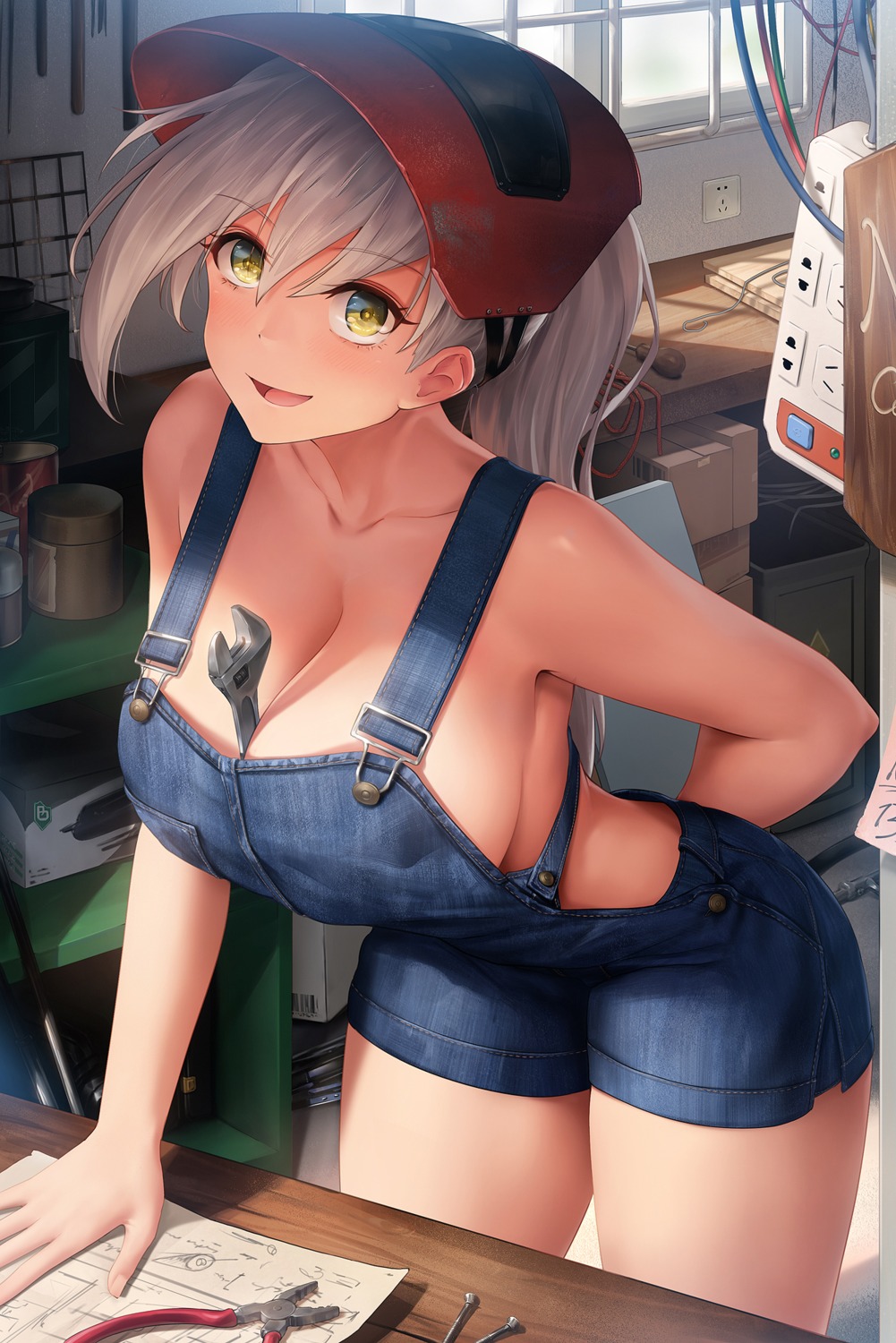 cleavage kyoumaz no_bra overalls