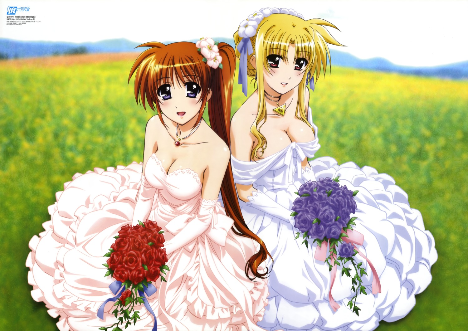 cleavage dress fate_testarossa mahou_shoujo_lyrical_nanoha mahou_shoujo_lyrical_nanoha_strikers okuda_yasuhiro takamachi_nanoha wedding_dress