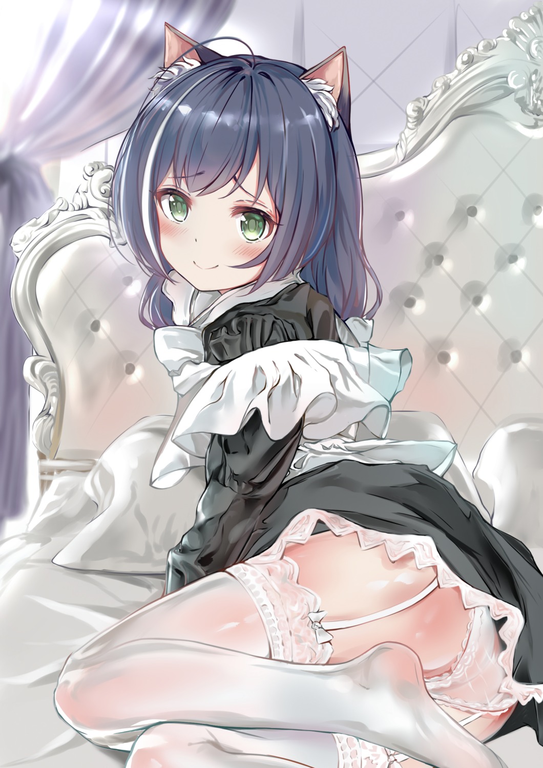 animal_ears ass karyl_(princess_connect) maid nekomimi pantsu princess_connect princess_connect!_re:dive rokiya see_through skirt_lift stockings thighhighs