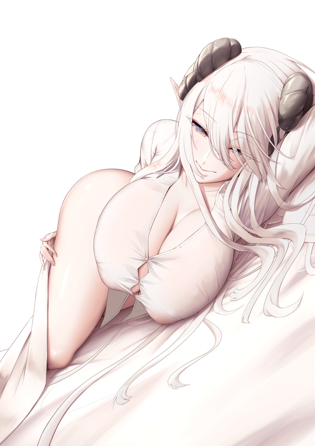 areola dress_shirt horns no_bra open_shirt pointy_ears see_through shiroshisu