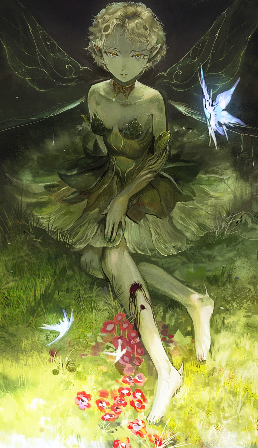 bayashiko blood cleavage dress fairy feet pointy_ears wings
