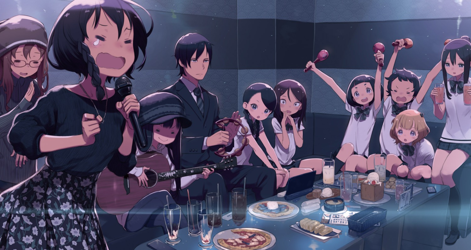 asougi_goushi business_suit guitar kanzaki_elsa kohiruimaki_karen kuroboshi_kouhaku megane seifuku shinohara_miyu sweater sword_art_online_alternative:_gun_gale_online