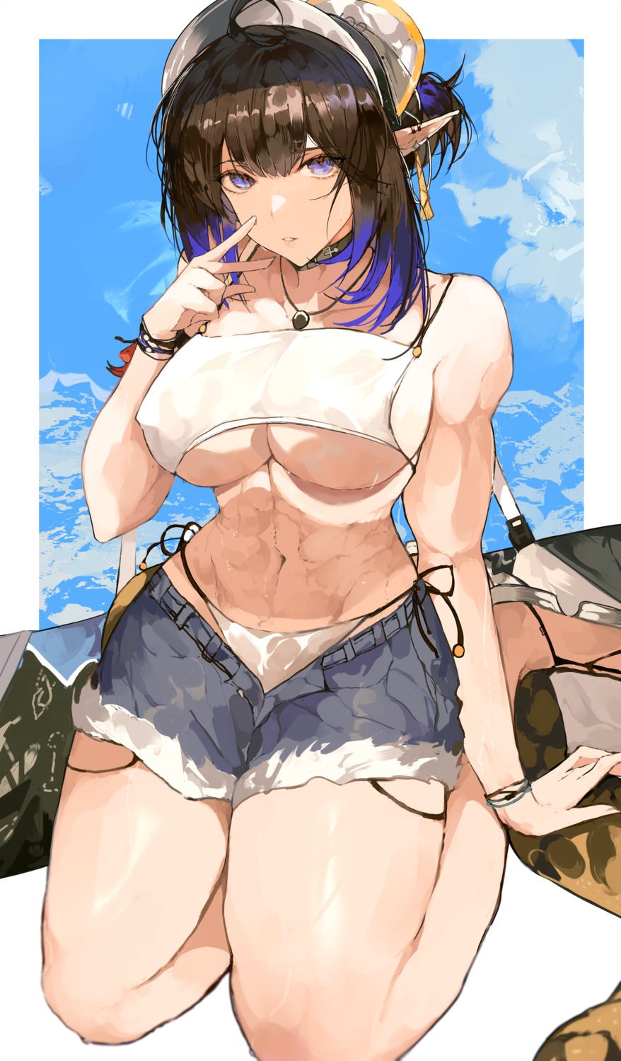 arknights bikini eunectes_(arknights) pointy_ears see_through swimsuits thong torn_clothes wet_clothes yuki_flourish