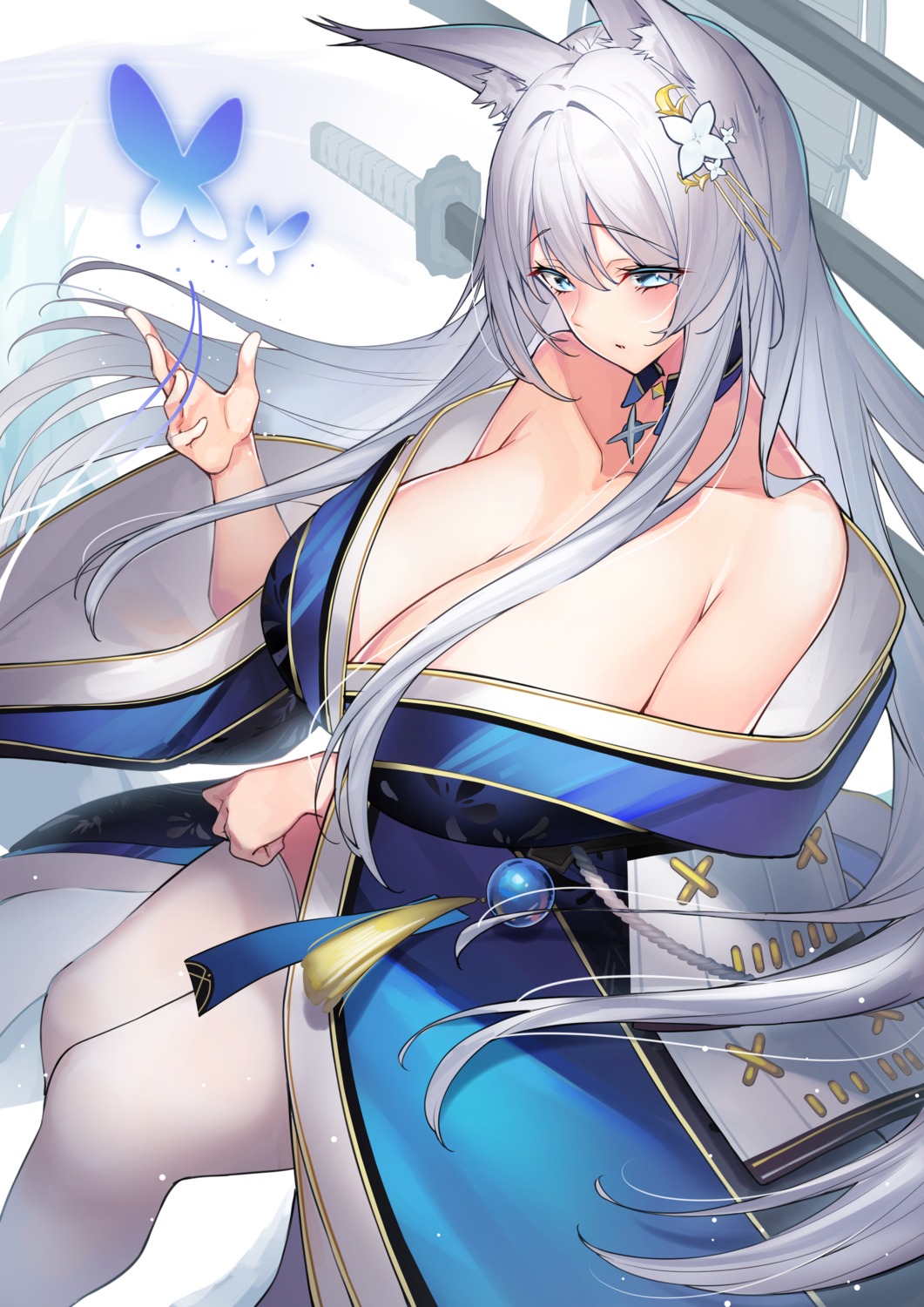 animal_ears azur_lane japanese_clothes kitsune no_bra open_shirt shinano_(azur_lane) sword thighhighs yamanokami_eaka