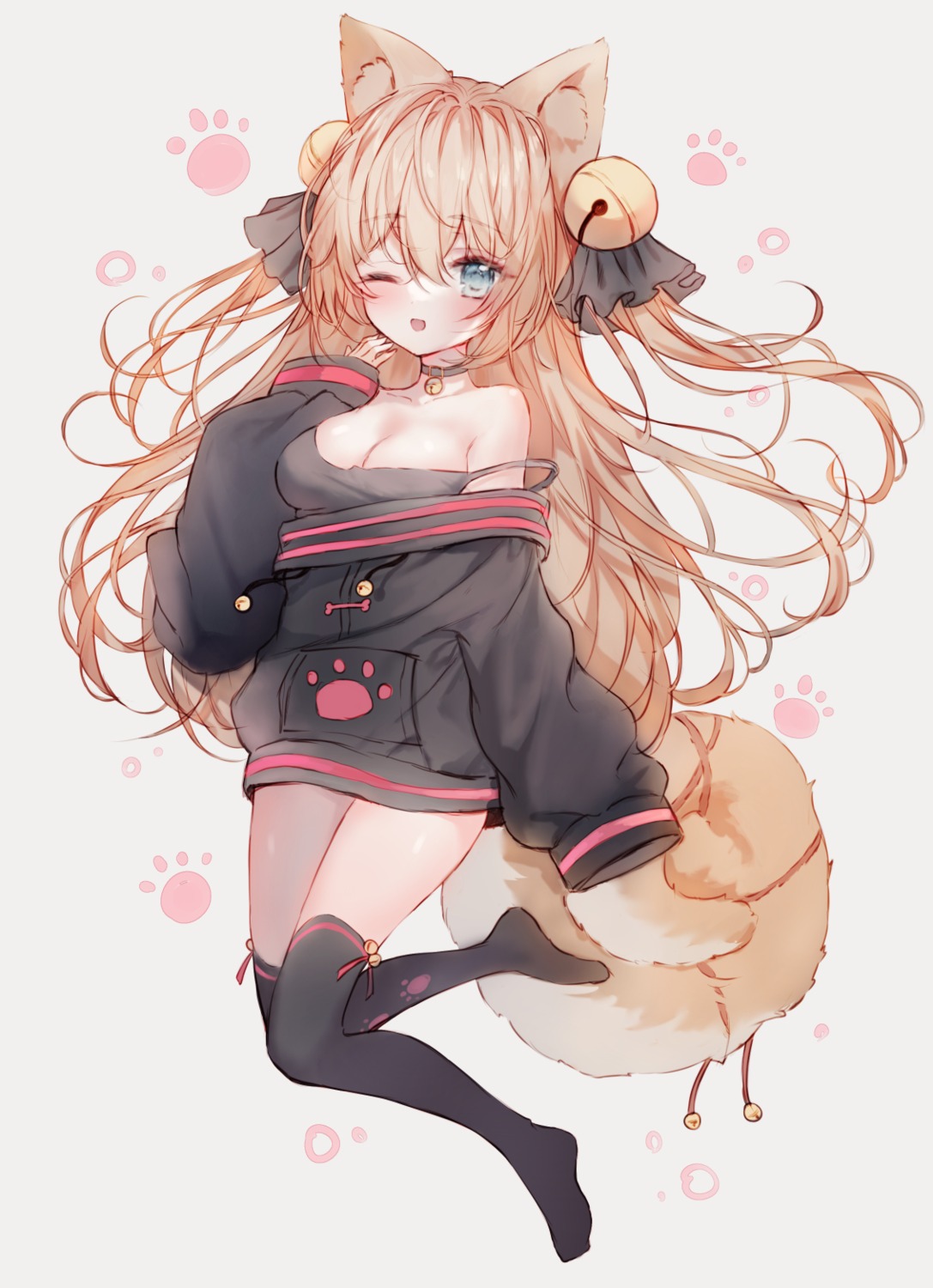 animal_ears nekomimi no_bra tail tandohark thighhighs