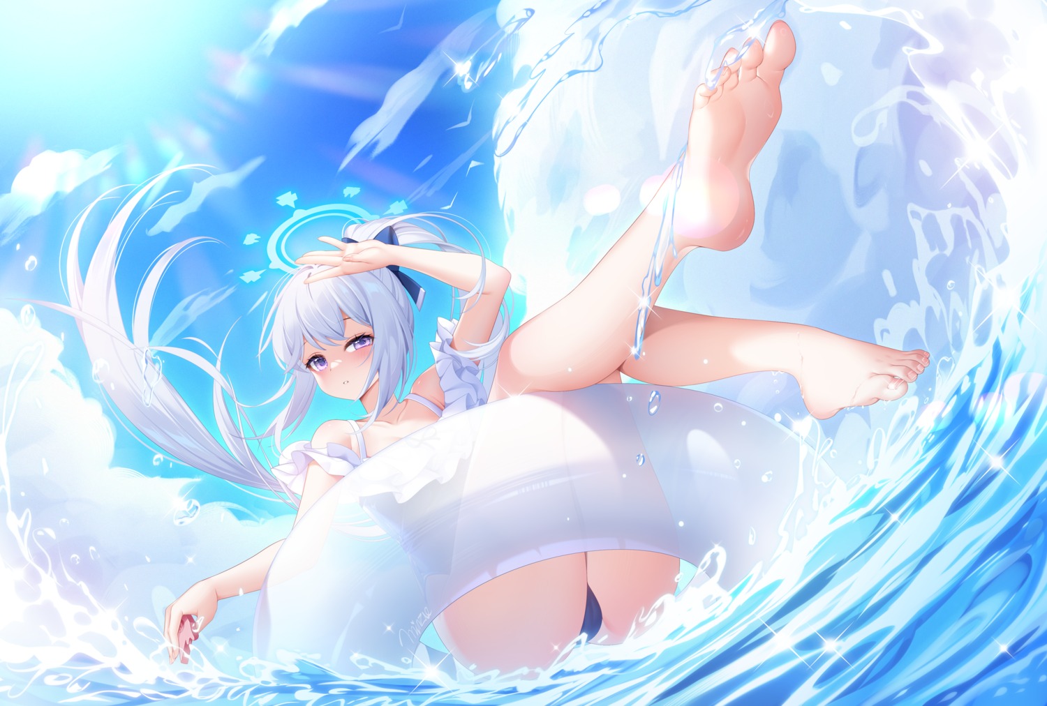 blue_archive feet halo minzieart swimsuits tsukiyuki_miyako wet