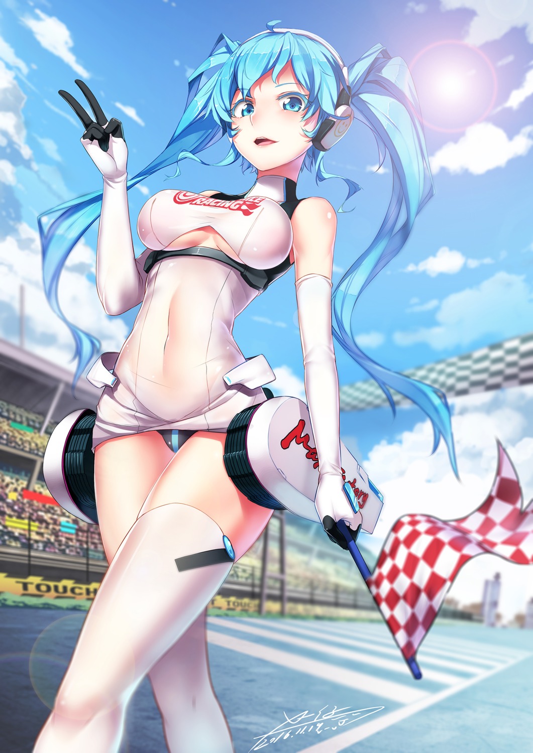 goodsmile_racing hatsune_miku headphones pantsu racing_miku see_through thighhighs underboob vocaloid x-boy