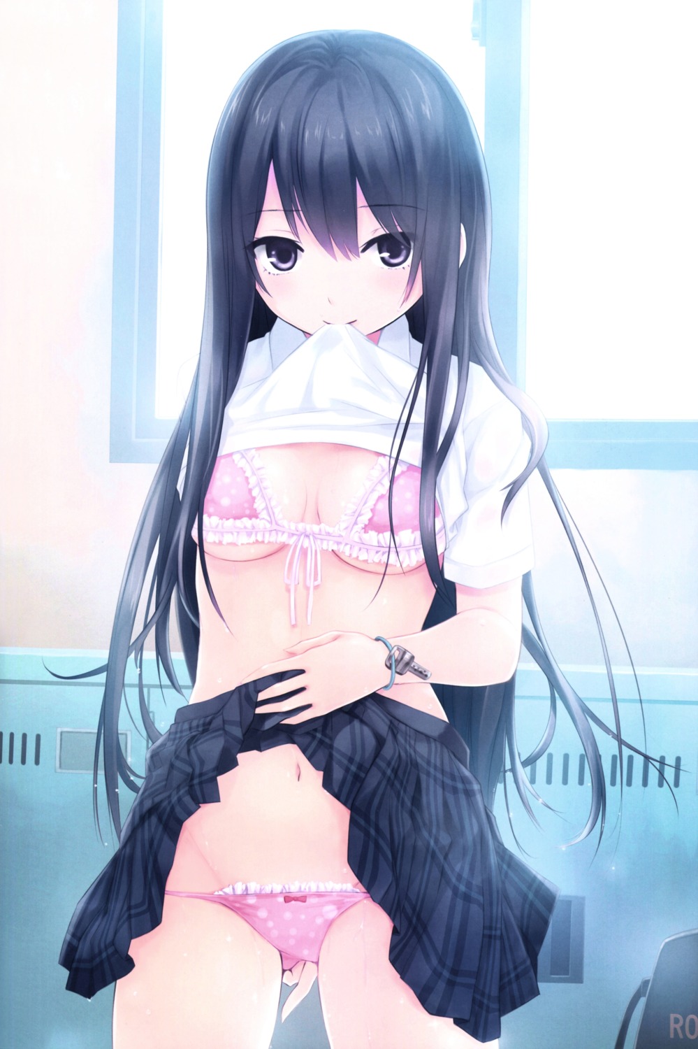 bra cleavage coffee-kizoku pantsu seifuku shiramine_rika shirt_lift skirt_lift underboob wet