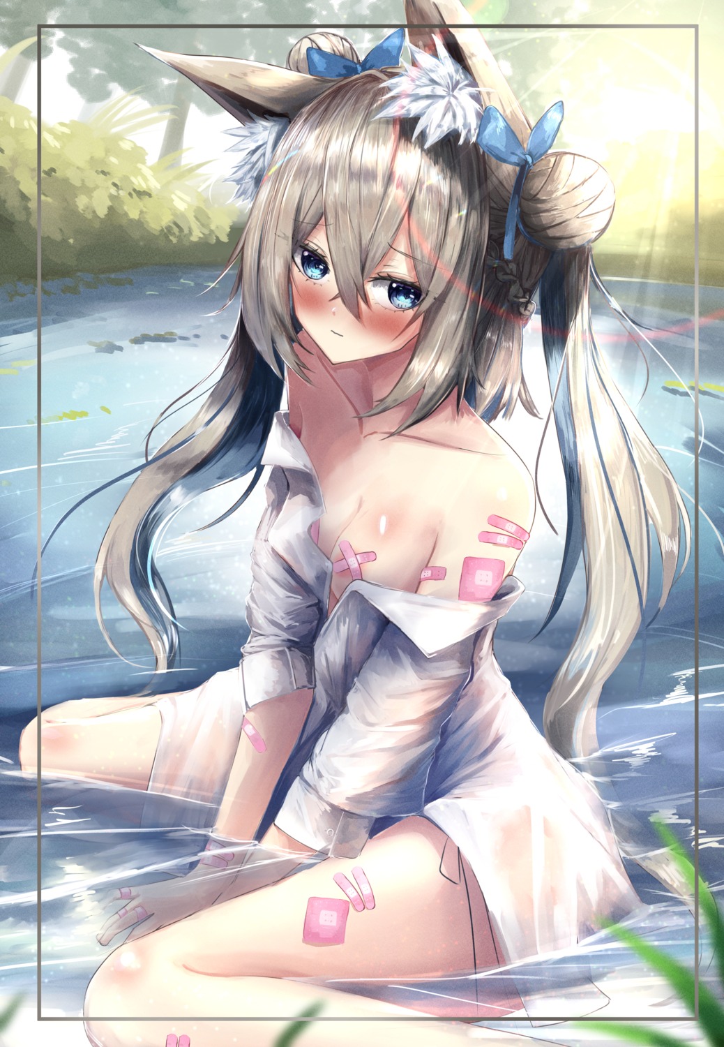 animal_ears areola bandaid breasts chikirea dress_shirt open_shirt pasties see_through wet wet_clothes