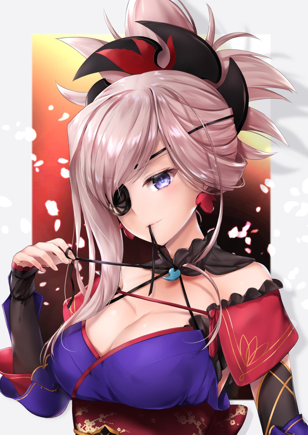 cleavage eyepatch fate/grand_order hane_yuki japanese_clothes miyamoto_musashi_(fate)