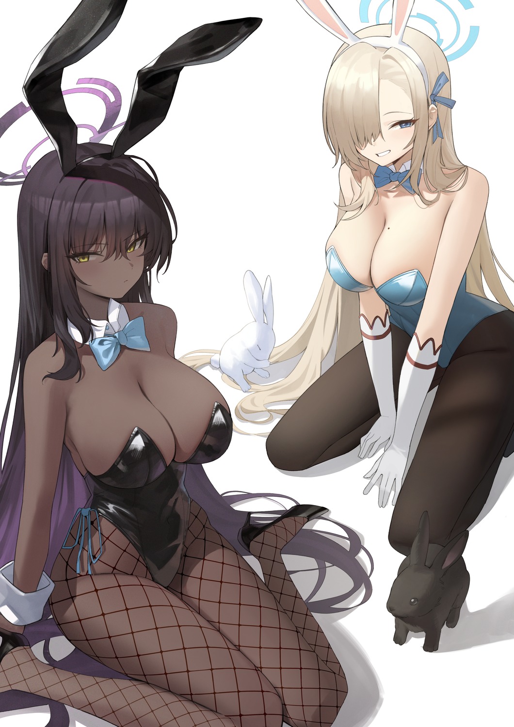 animal_ears blue_archive bunny_ears bunny_girl fishnets halo heels ichinose_asuna kakudate_karin no_bra nogong pantyhose