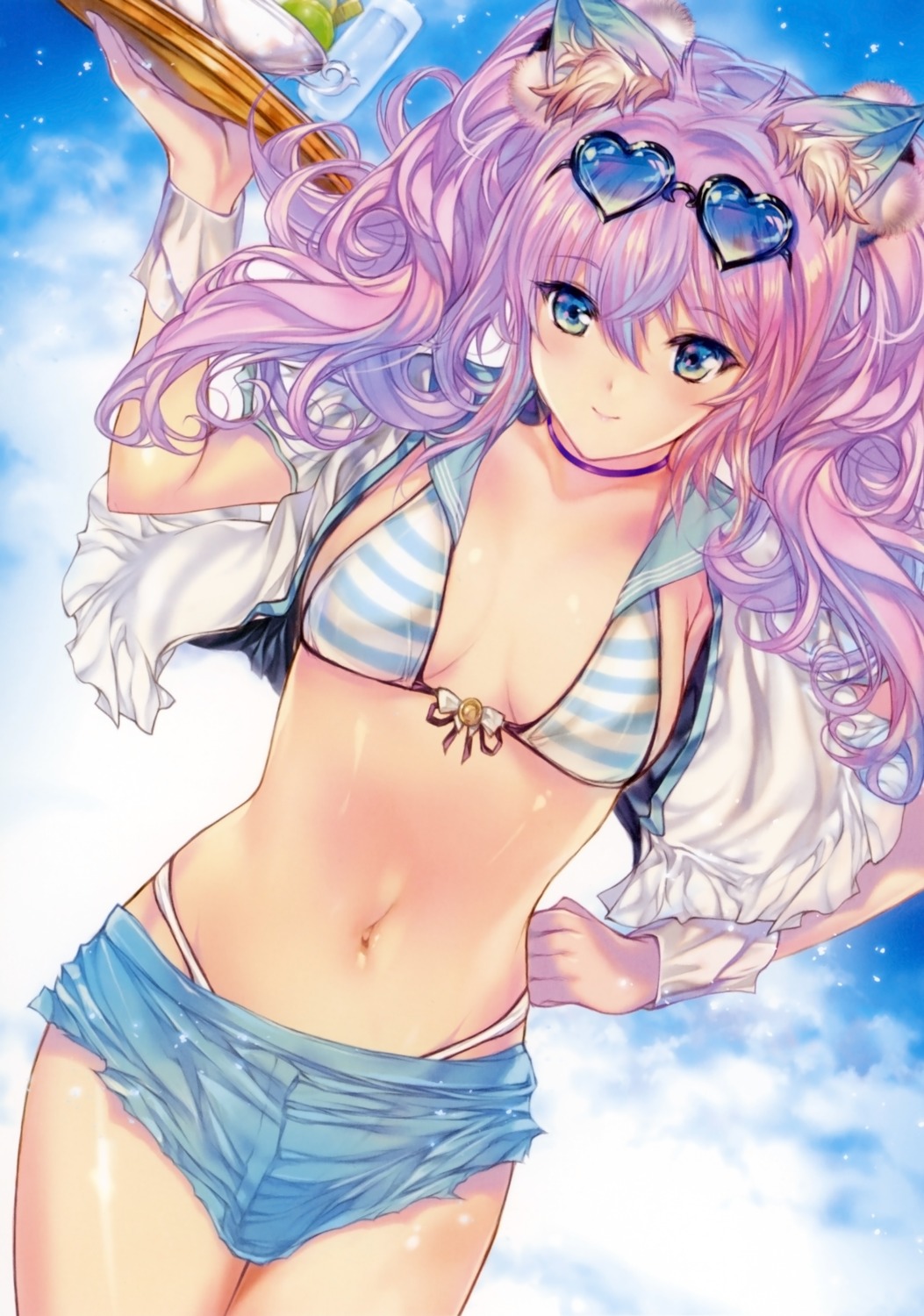 animal_ears bikini megane min-naraken open_shirt swimsuits