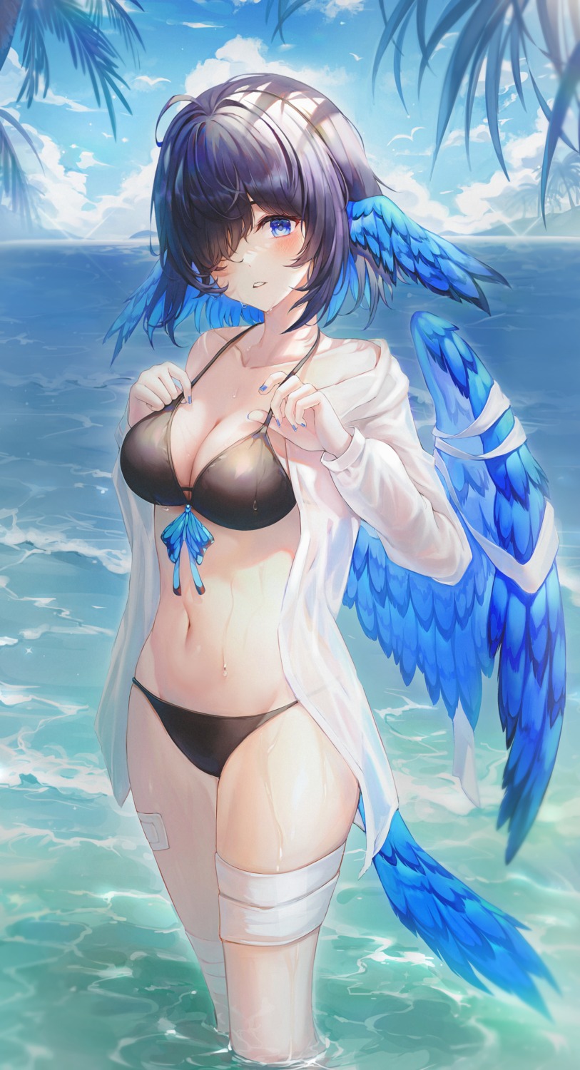 bandages bikini mirage_(rairudiseu) open_shirt swimsuits tail wet wings