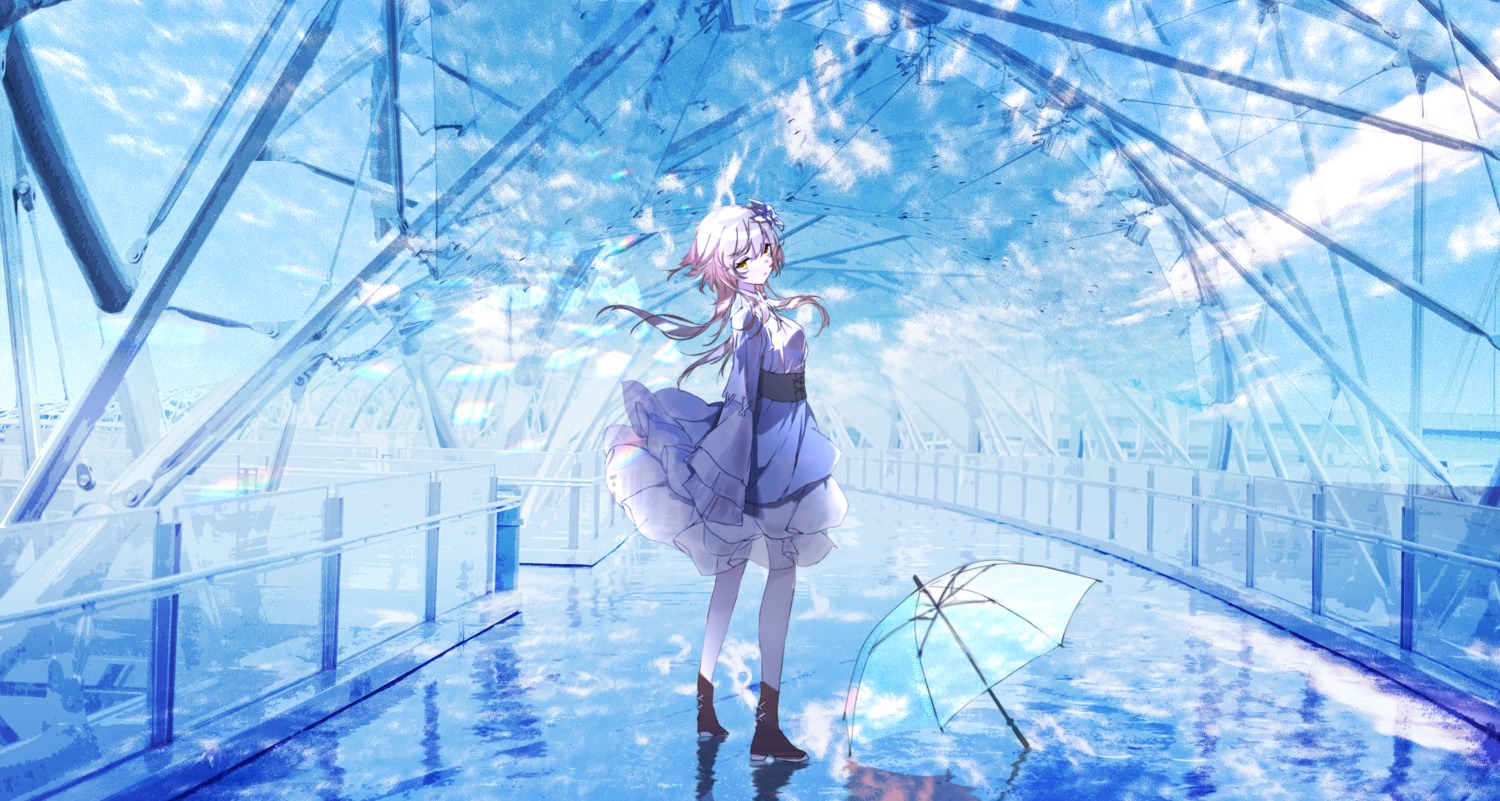 dress genshin_impact lumine nido_(sebamaster) see_through skirt_lift umbrella