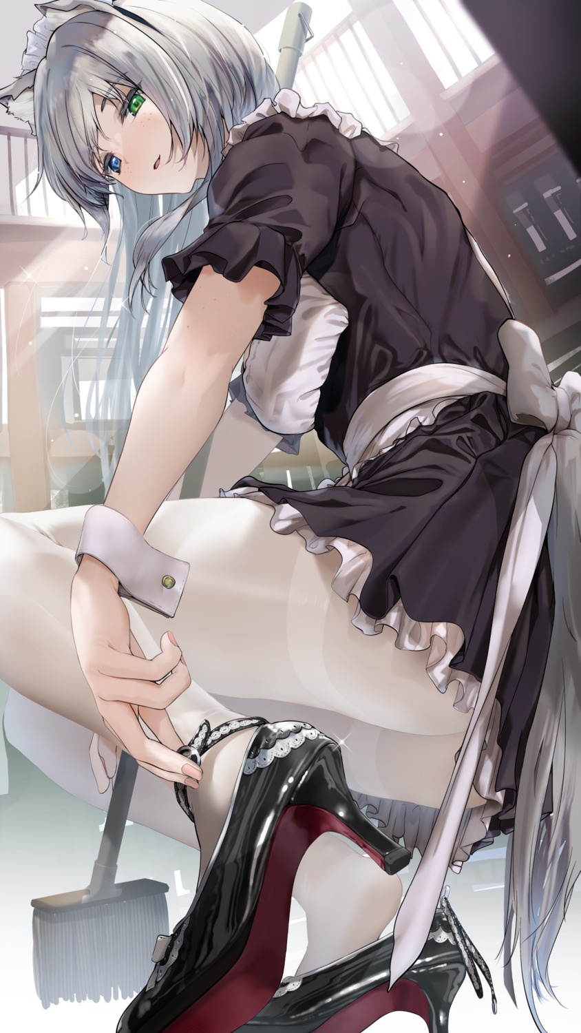 animal_ears heels heterochromia maid nonohachi pantyhose skirt_lift tail