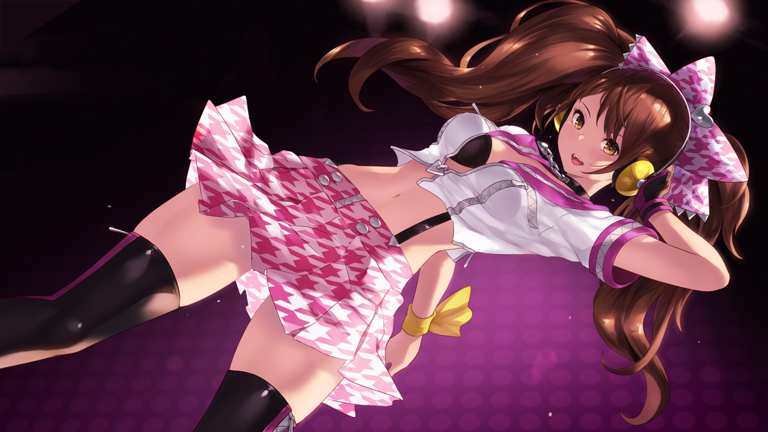 bra cait headphones kujikawa_rise megaten open_shirt persona persona_4 skirt_lift thighhighs wallpaper