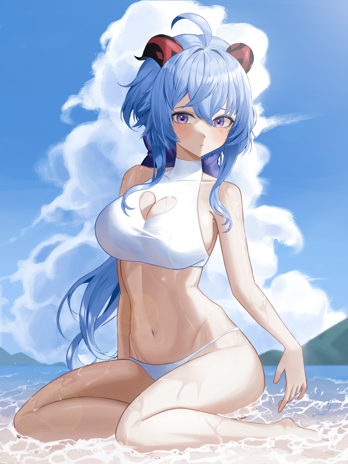 bikini cleavage ganyu genshin_impact hee_(user_ykux4248) horns swimsuits wet