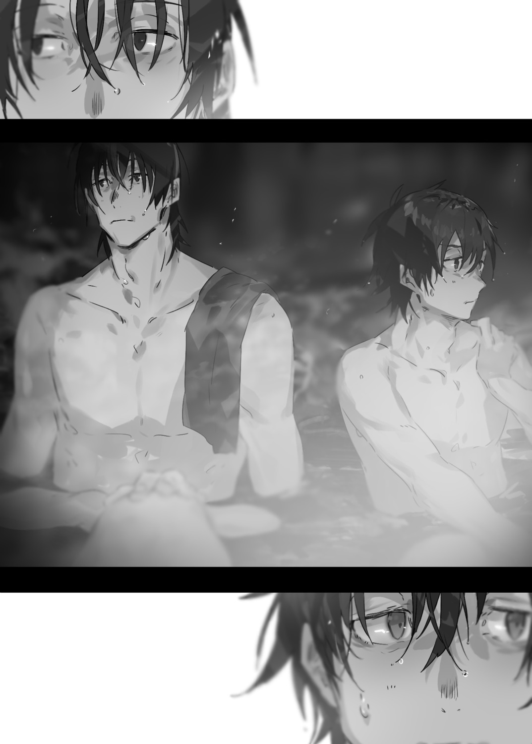 bathing hai_to_gensou_no_grimgar monochrome naked shirai_eiri wet