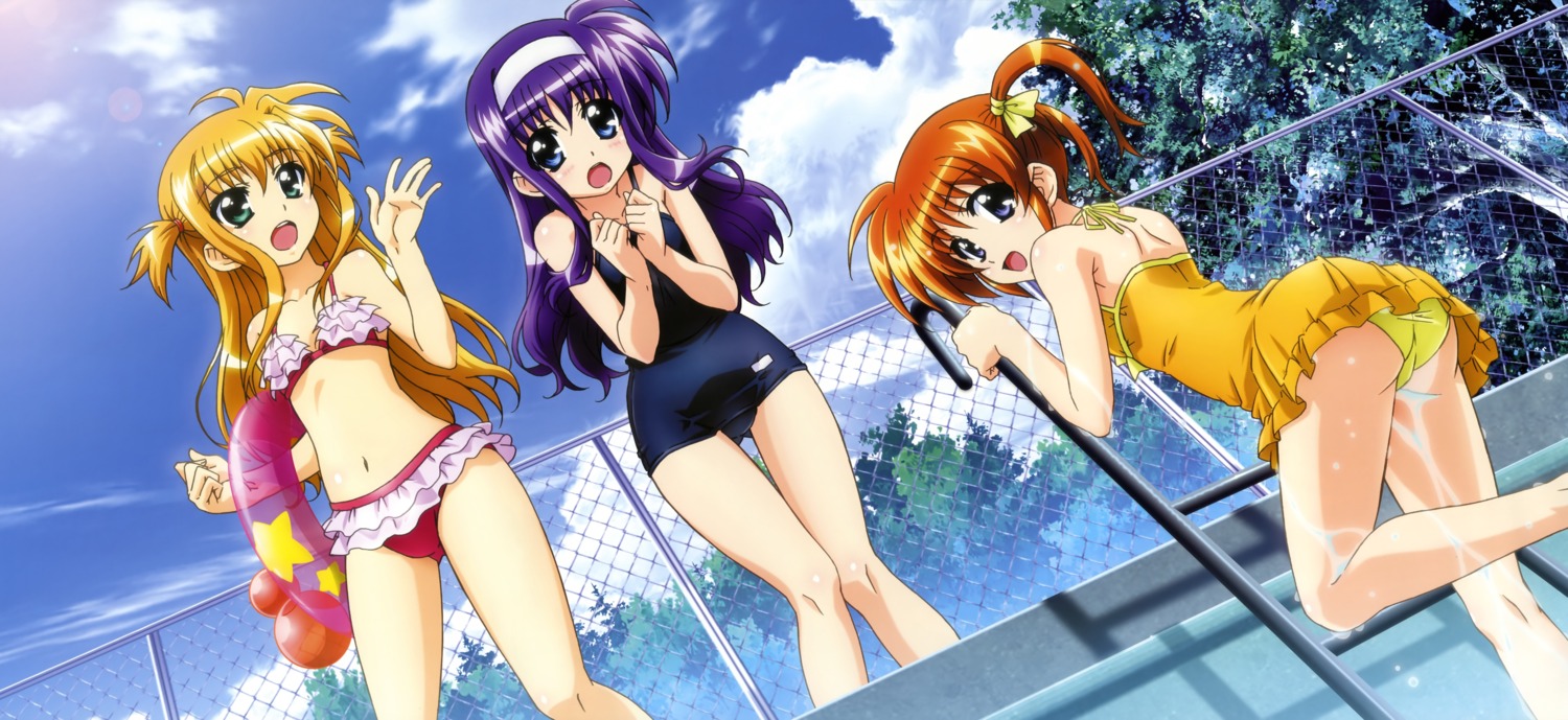 alisa_bannings bikini hashimoto_takayoshi mahou_shoujo_lyrical_nanoha mahou_shoujo_lyrical_nanoha_the_movie_1st school_swimsuit swimsuits takamachi_nanoha tsukimura_suzuka wet