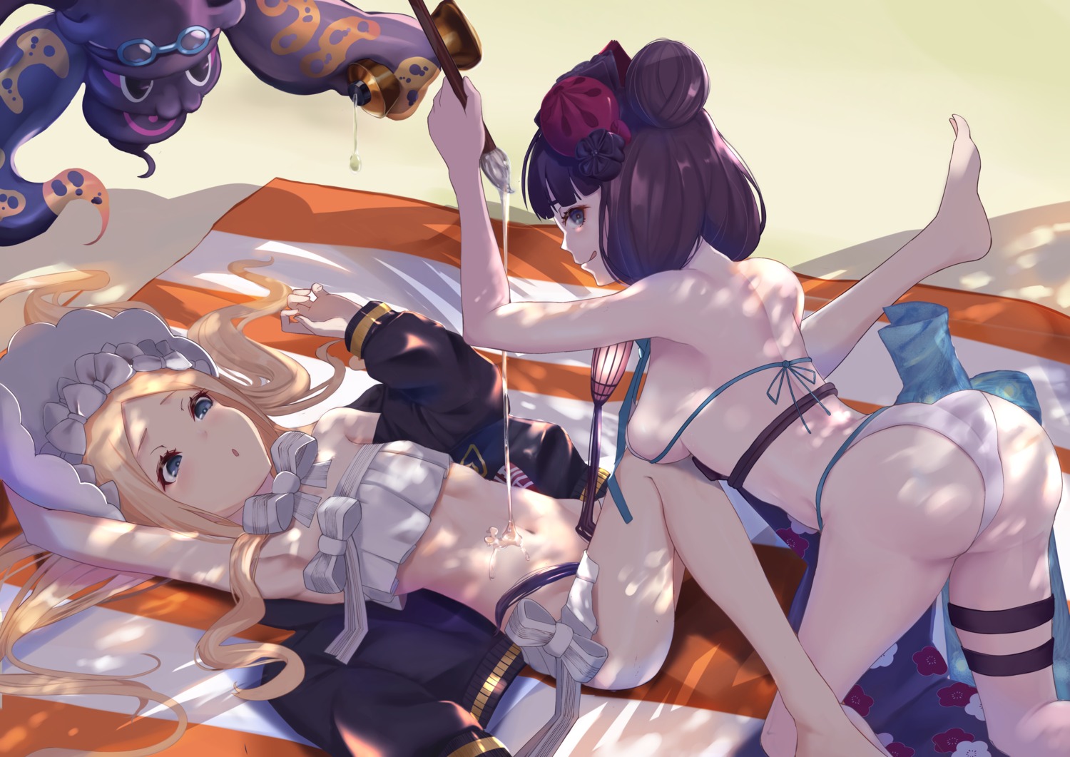 abigail_williams_(fate) arenoyoni ass bikini cream fate/grand_order garter katsushika_hokusai_(fate) loli swimsuits thong