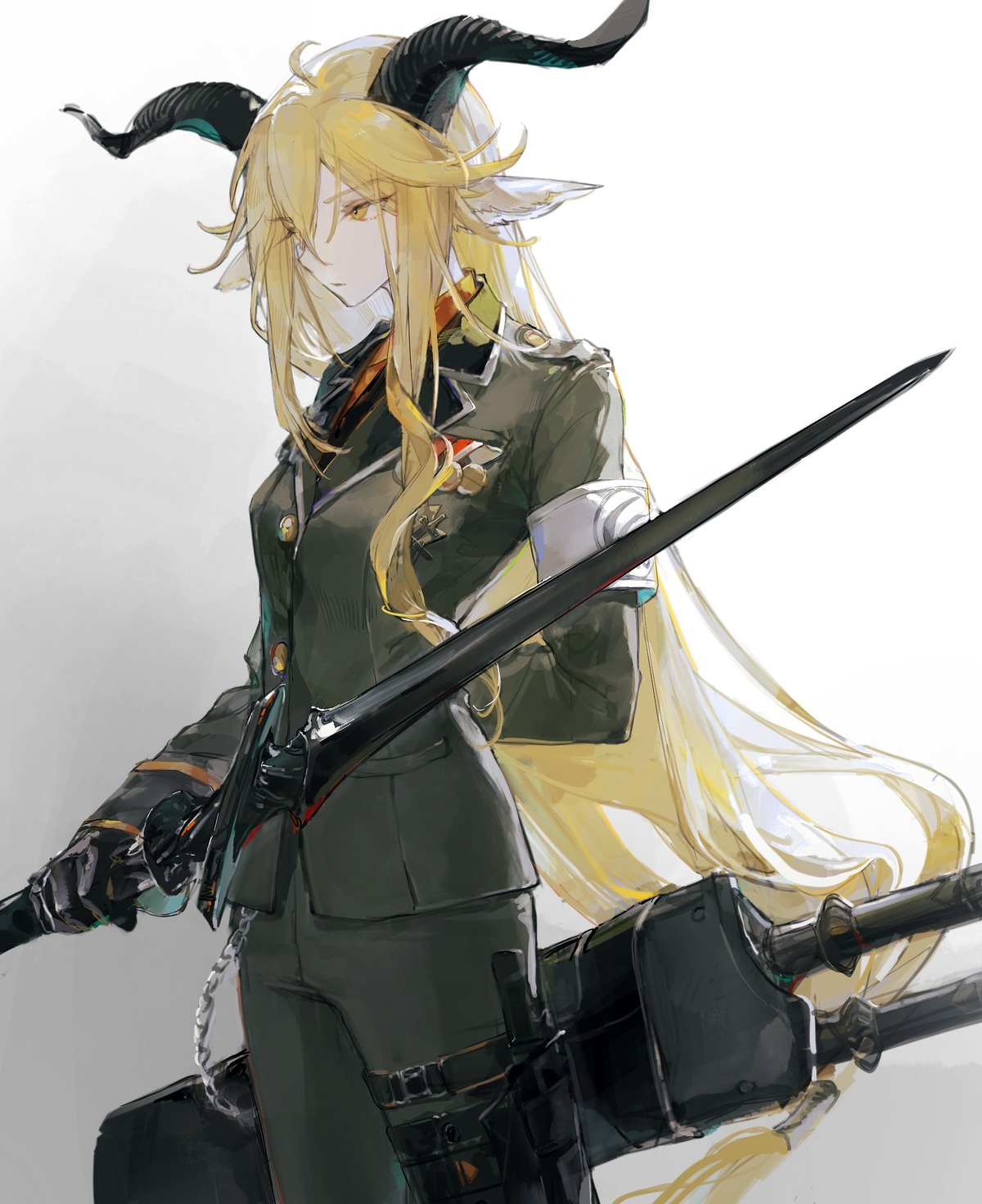 animal_ears arknights degenbrecher_(arknights) garter horns jiaowohuahua sword uniform weapon