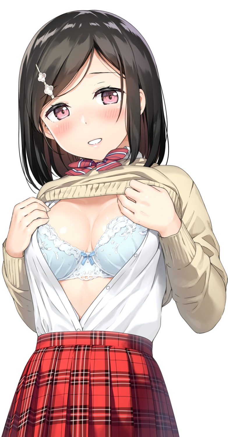 bra cleavage kantoku open_shirt seifuku shirt_lift sweater undressing