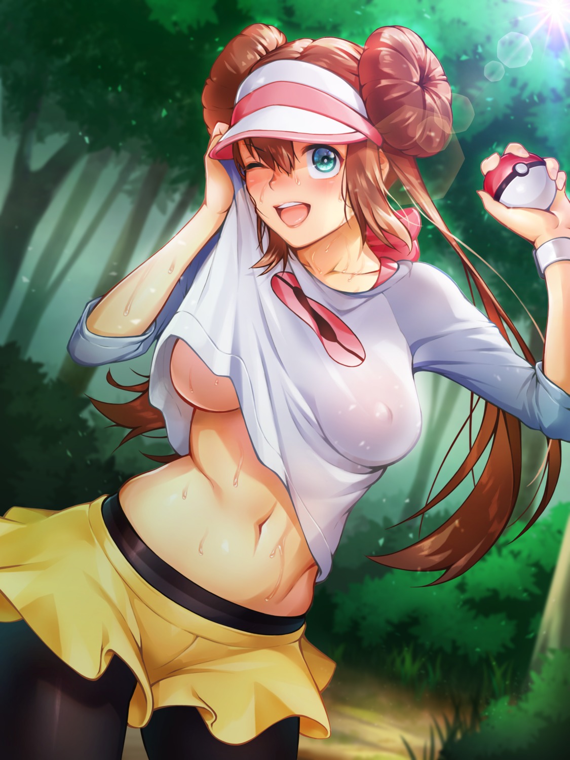 erect_nipples mei_(pokemon) no_bra pantyhose pokemon pokemon_b2w2 radjeong see_through shirt_lift