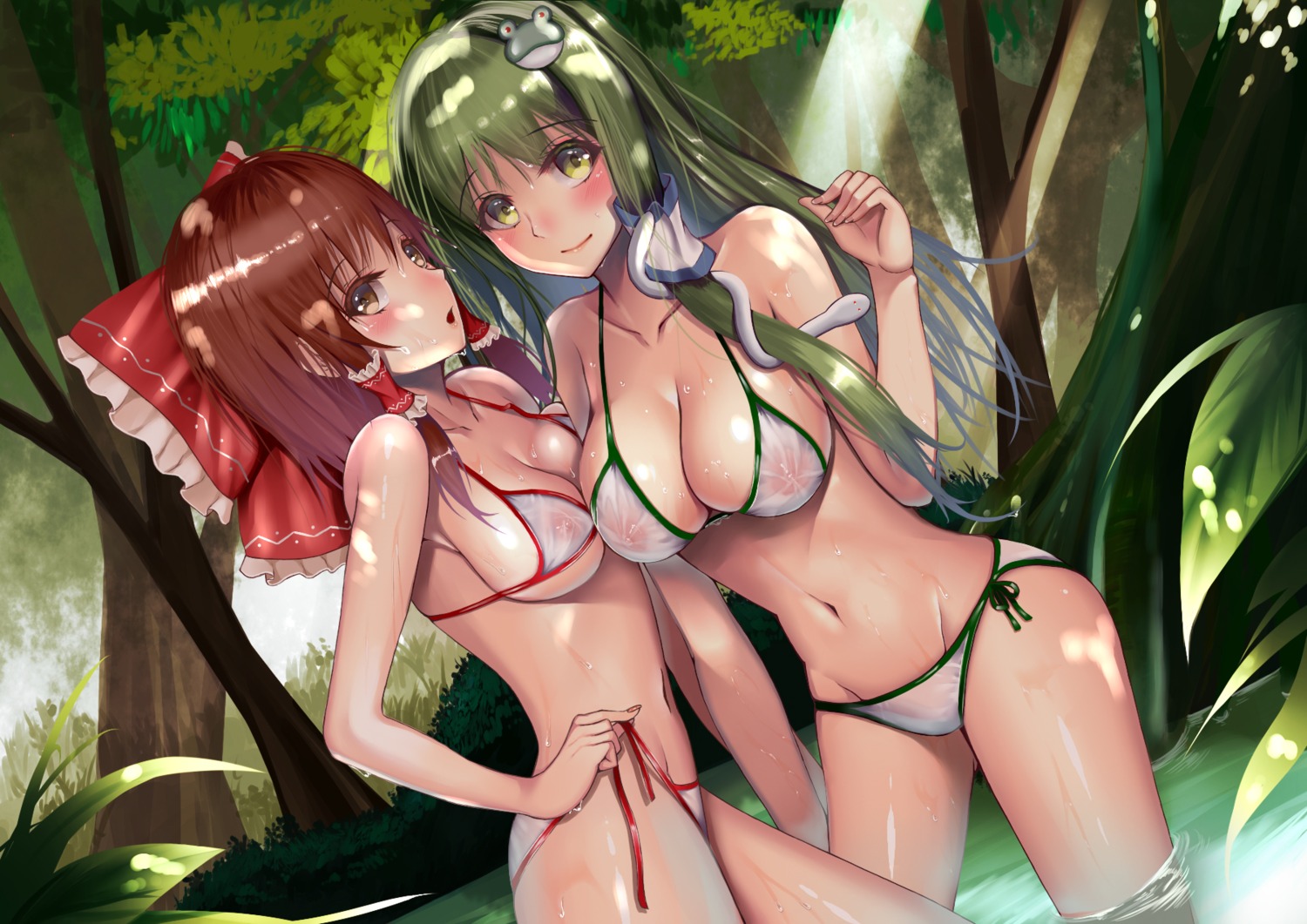 atelier_yuu bikini cleavage erect_nipples hakurei_reimu kochiya_sanae see_through swimsuits touhou underboob undressing wet