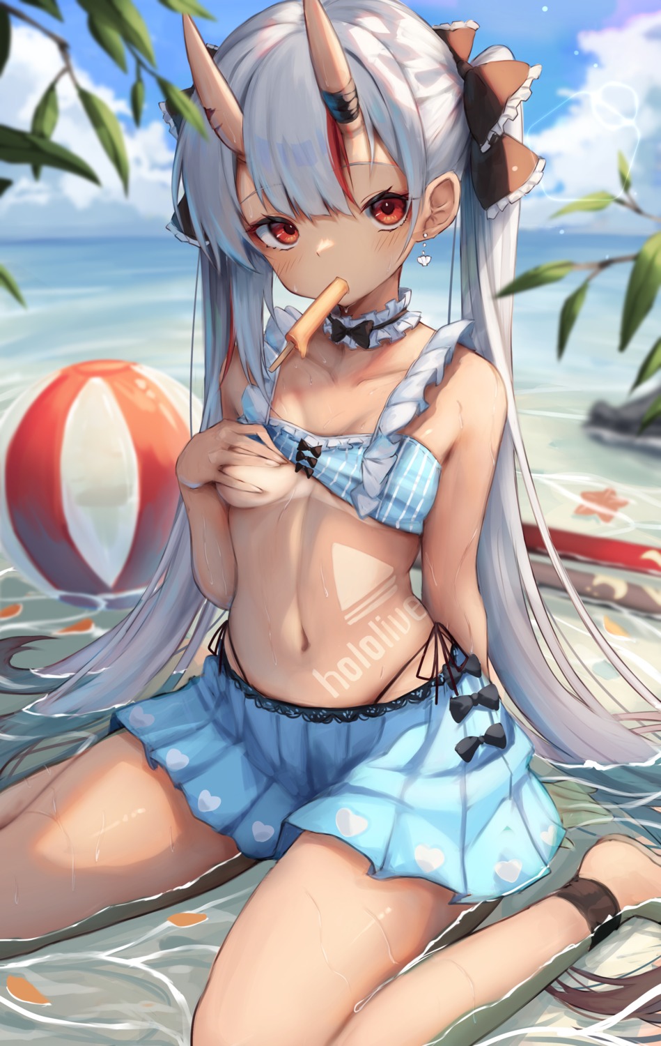 bikini breast_grab breasts hololive horns inre_kemomimi nakiri_ayame swimsuits tan_lines wet