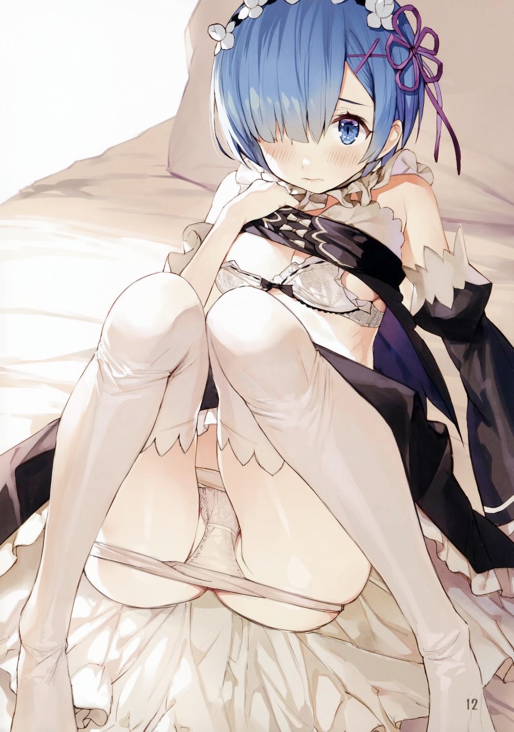 bra gaou_(matsulatte) macaron_taitei maid open_shirt pantsu panty_pull re_zero_kara_hajimeru_isekai_seikatsu rem_(re_zero) screening thighhighs