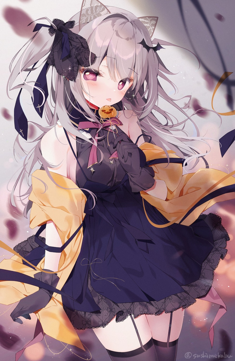 animal_ears dress fishnets halloween no_bra see_through skirt_lift stockings sushimekabu thighhighs