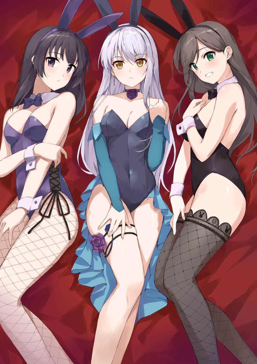 animal_ears bang_dream! bunny_ears bunny_girl fishnets garter hanazono_tae marie_(pixiv31942978) minato_yukina no_bra pantyhose shirokane_rinko thighhighs