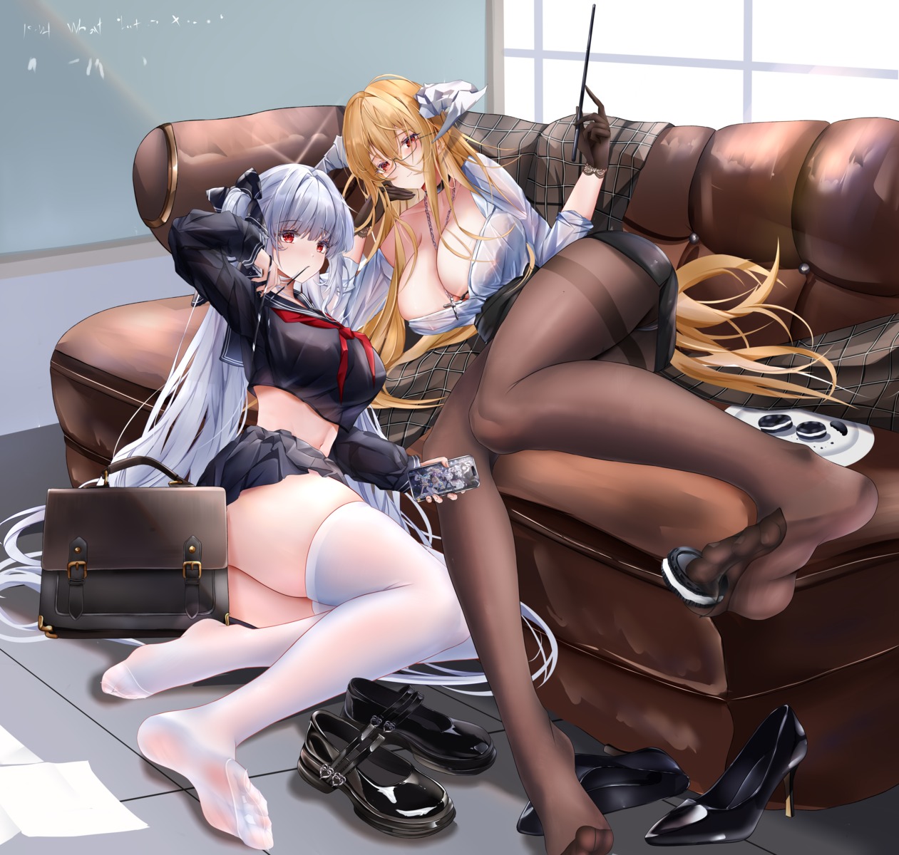 areola azur_lane dress_shirt feet formidable_(azur_lane) heels horns implacable_(azur_lane) iue megane no_bra open_shirt pantsu pantyhose see_through seifuku skirt_lift thighhighs thong wet_clothes