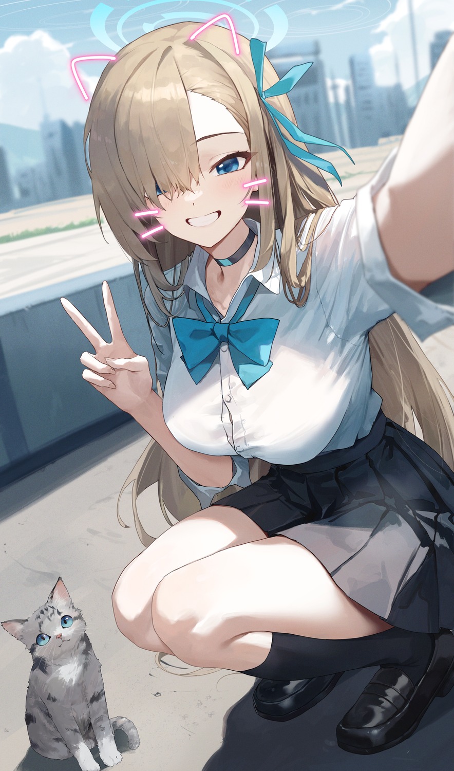 animal_ears blue_archive halo ichinose_asuna neko nekomimi seifuku selfie toi1et_paper