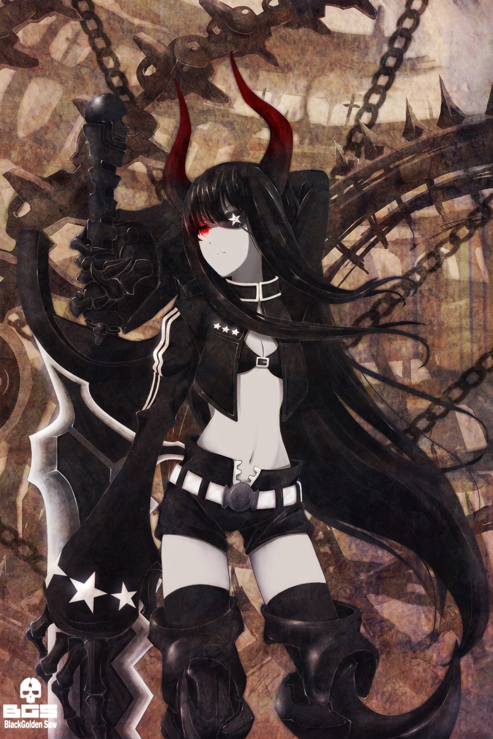 auer black_gold_saw black_rock_shooter horns sword thighhighs vocaloid