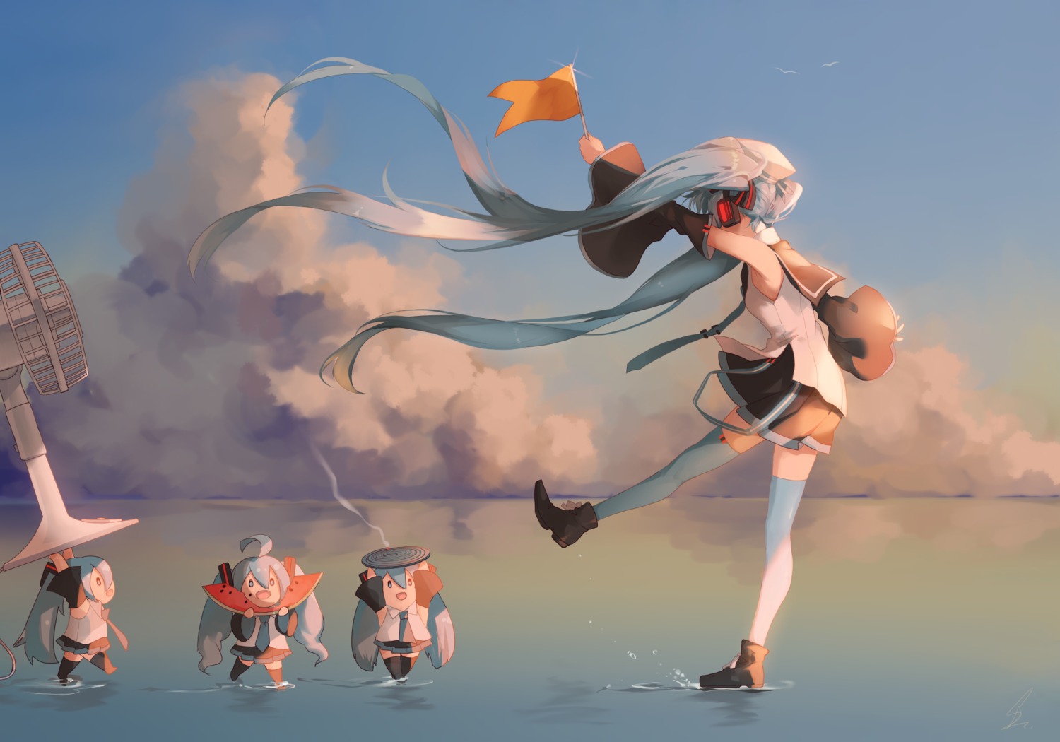 chibi hatsune_miku headphones saihate thighhighs vocaloid wet