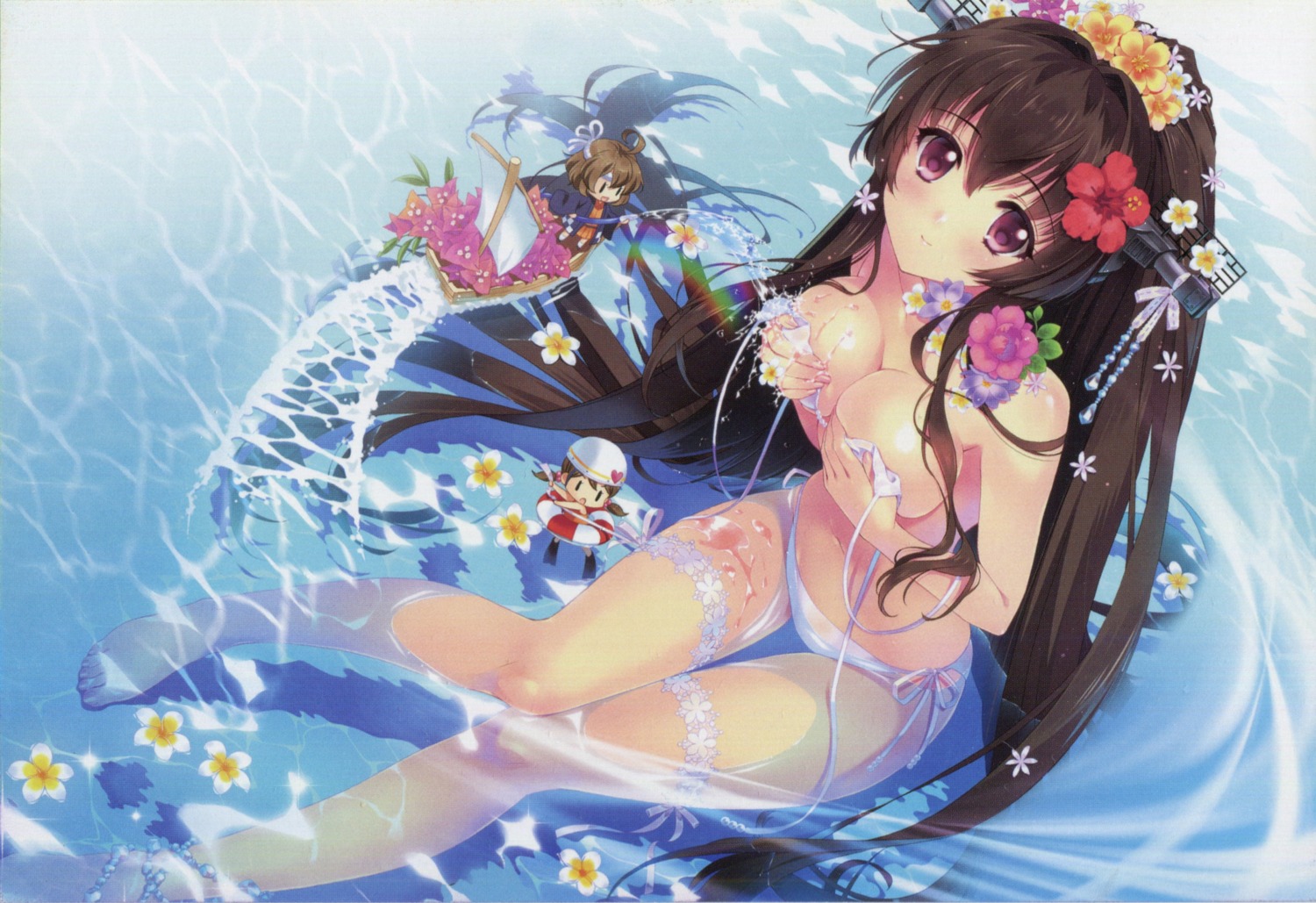 bikini breast_grab breasts carnelian fairy_(kancolle) kantai_collection raw_scan swimsuits wet yamato_(kancolle)