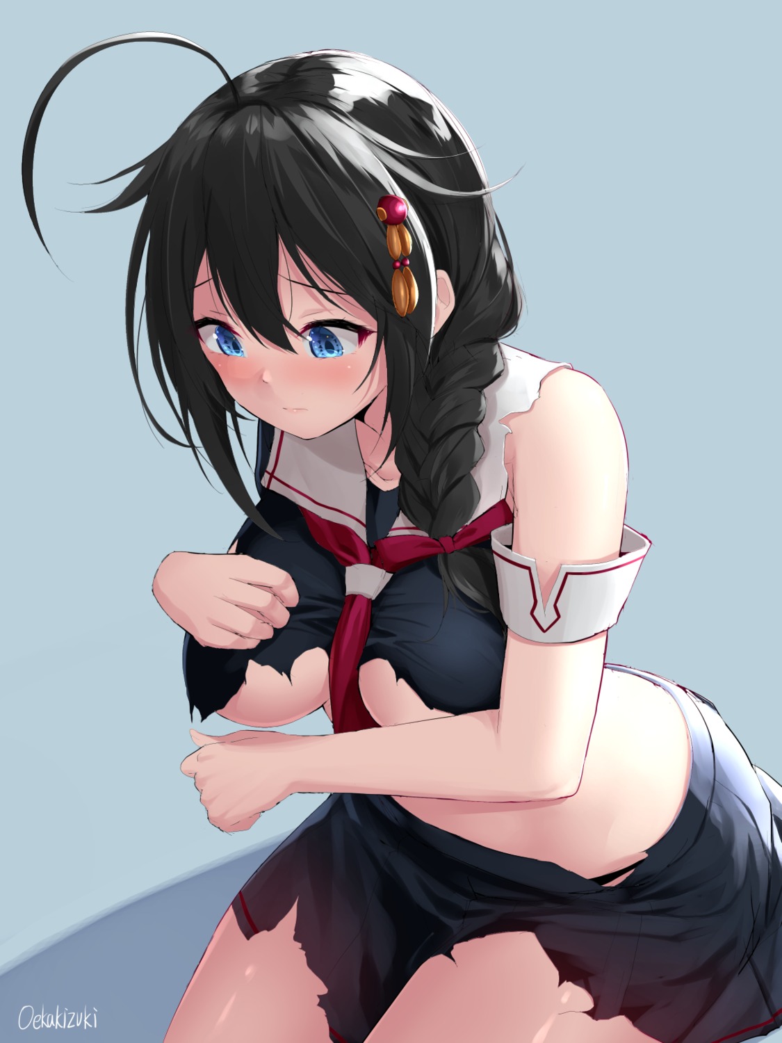 breast_hold kantai_collection no_bra oekakizuki seifuku shigure_(kancolle) torn_clothes