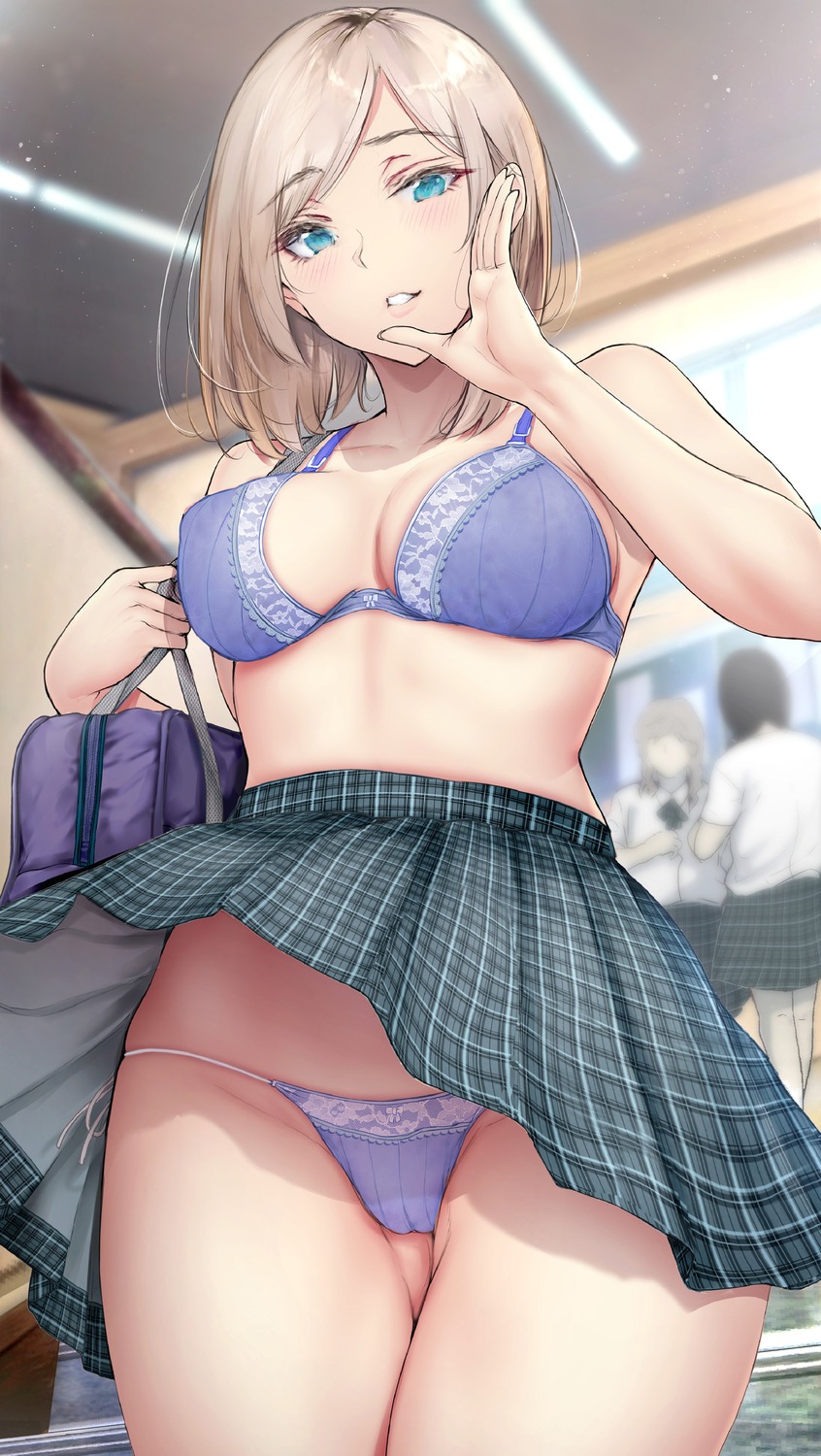 bra cameltoe erect_nipples gentsuki pantsu seifuku skirt_lift string_panties