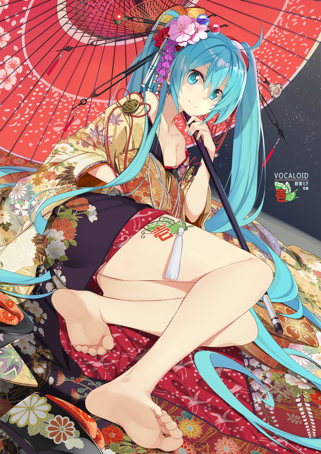 beek cleavage feet hatsune_miku kimono open_shirt tattoo umbrella vocaloid