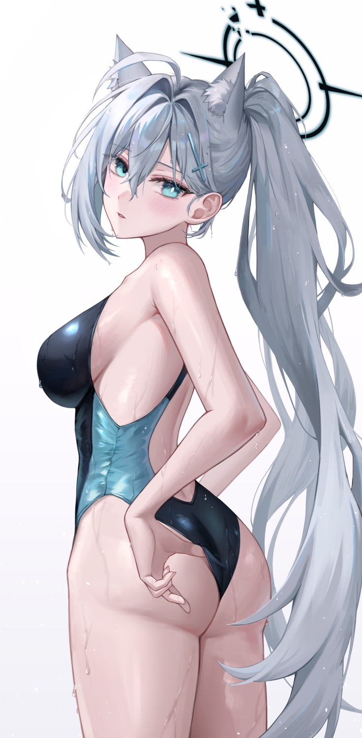 animal_ears ass blue_archive halo nekomimi shiroko_terror sunaookami_shiroko swimsuits wet wolla