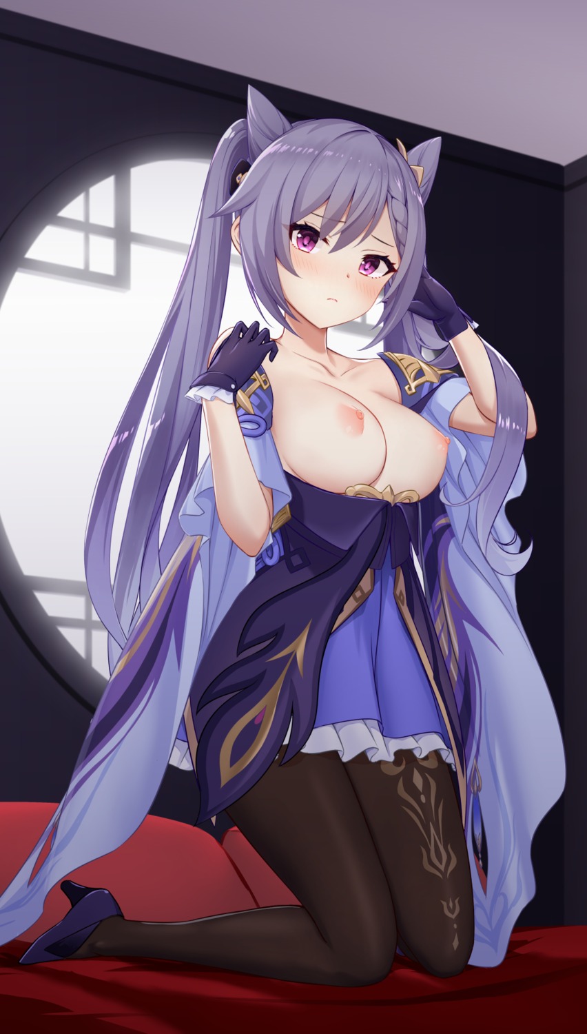 asian_clothes breasts genshin_impact heels keqing nipples no_bra open_shirt pantyhose sigma_rio