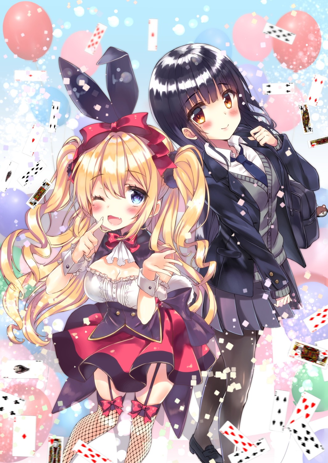 animal_ears bunny_ears cleavage fishnets heels honoka_(moe-moeko) pantyhose seifuku stockings sweater thighhighs