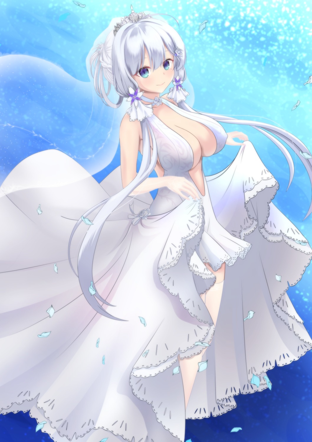 azur_lane chibi_yawawa dress erect_nipples illustrious_(azur_lane) no_bra skirt_lift